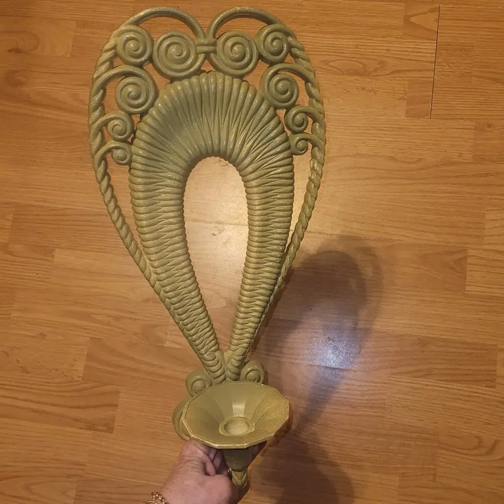 Vtg 70s Avacado Green Wall Sconce Candle Holder Rattan MCM Hollywood Regency